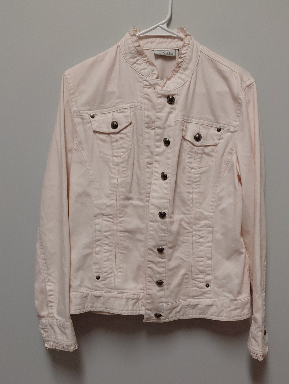Chico's Pale Blush Denim Jacket with Ruffle Collar